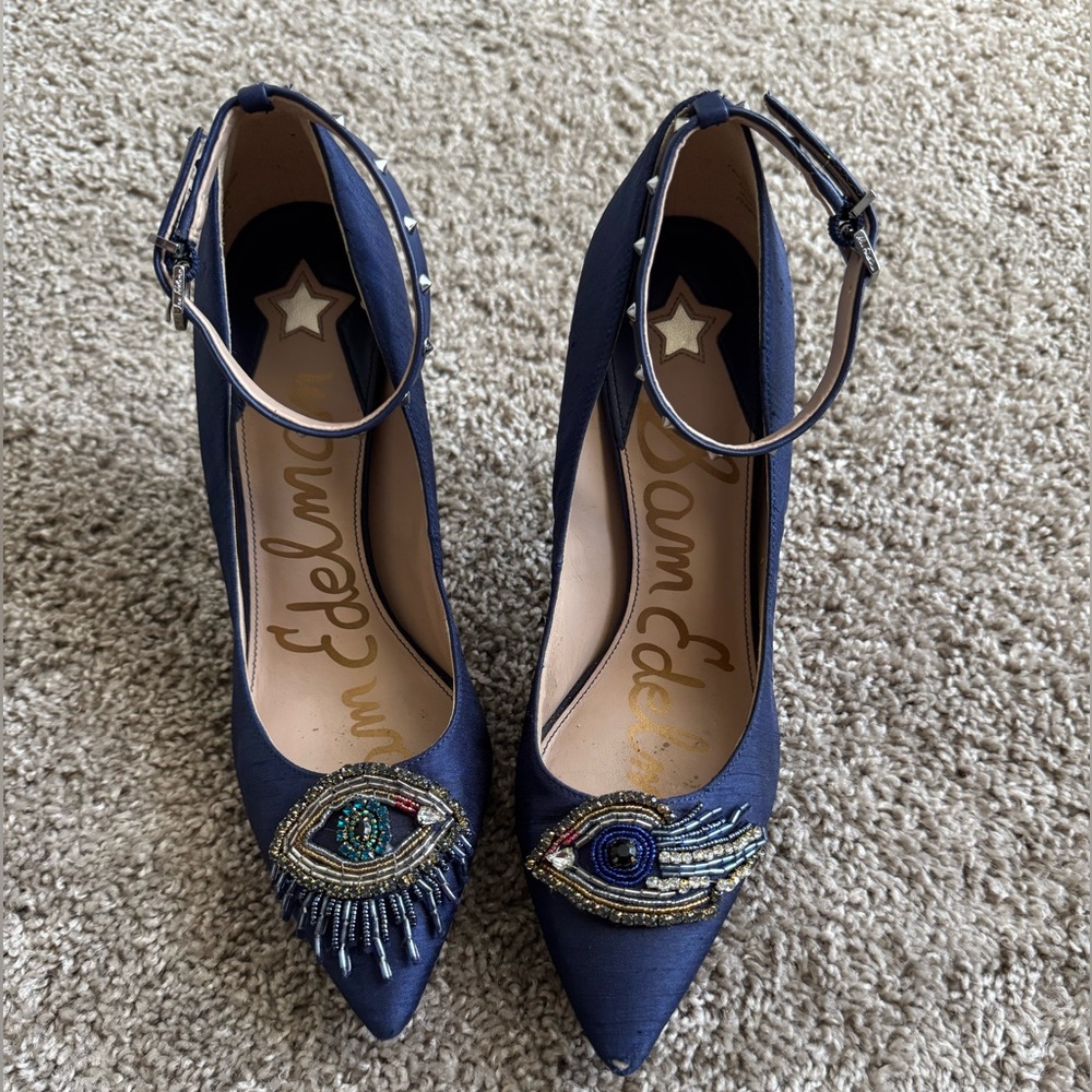 SALE 🍁🧿Sam Edelman Hermione Poseidon Blue Silk Dupioni Ankle Strap Pumps